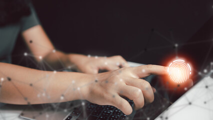 finger touching screen for futuristic digital processing of biometric identification fingerprint scanner. concept of surveillance and security scanning of digital programs cyber futuristic application