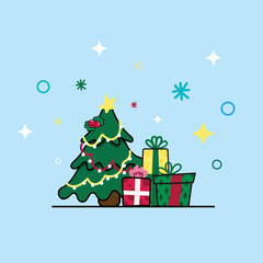 Christmas tree and gifts on light blue background