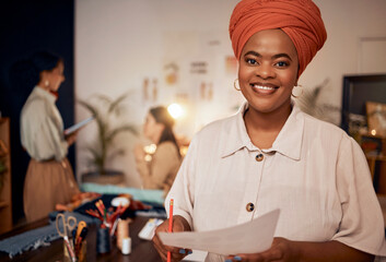 Management, fashion and designer with portrait of black woman in workshop studio for manufacturing,...