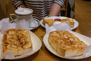 Himeji, Japan. Breakfast at the historic Hamamoto Coffee, a bakery and cafe serving famous almond toasts
