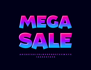 Vector promo bannerr Mega Sale. Bright modern Font. Colorful Alphabet Letters and Numbers set