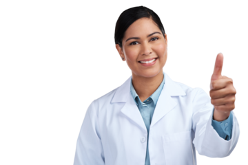 PNG of a cropped portrait of an attractive young female scientist gesturing thumbs up in studio against a grey background