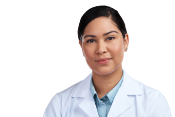 PNG of a cropped portrait of an attractive young female scientist posing in studio against a grey background