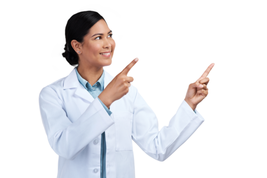 PNG of a cropped shot of an attractive young female scientist pointing towards copyspace in studio against a grey background