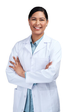 PNG Of A Cropped Portrait Of An Attractive Young Female Scientist Standing With Her Arms Folded In Studio Against A Grey Background