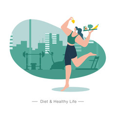 Healthy Lifestyle concept illustration. woman eating healthy food with gym background
