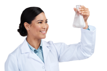 PNG of a cropped shot of an attractive young female scientist examining a beaker filled with liquid in studio against a grey background