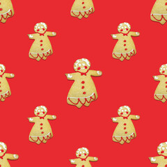 Seamless gingerbread girl pattern on red