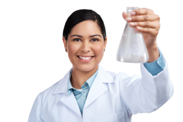 PNG of a cropped portrait of an attractive young female scientist holding a beaker filled with liquid in studio against a grey background