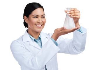 PNG of a cropped shot of an attractive young female scientist examining a beaker filled with liquid in studio against a grey background