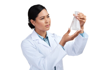 PNG of a cropped shot of an attractive young female scientist examining a beaker filled with liquid...