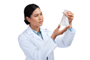 PNG of a cropped shot of an attractive young female scientist examining a beaker filled with liquid in studio against a grey background