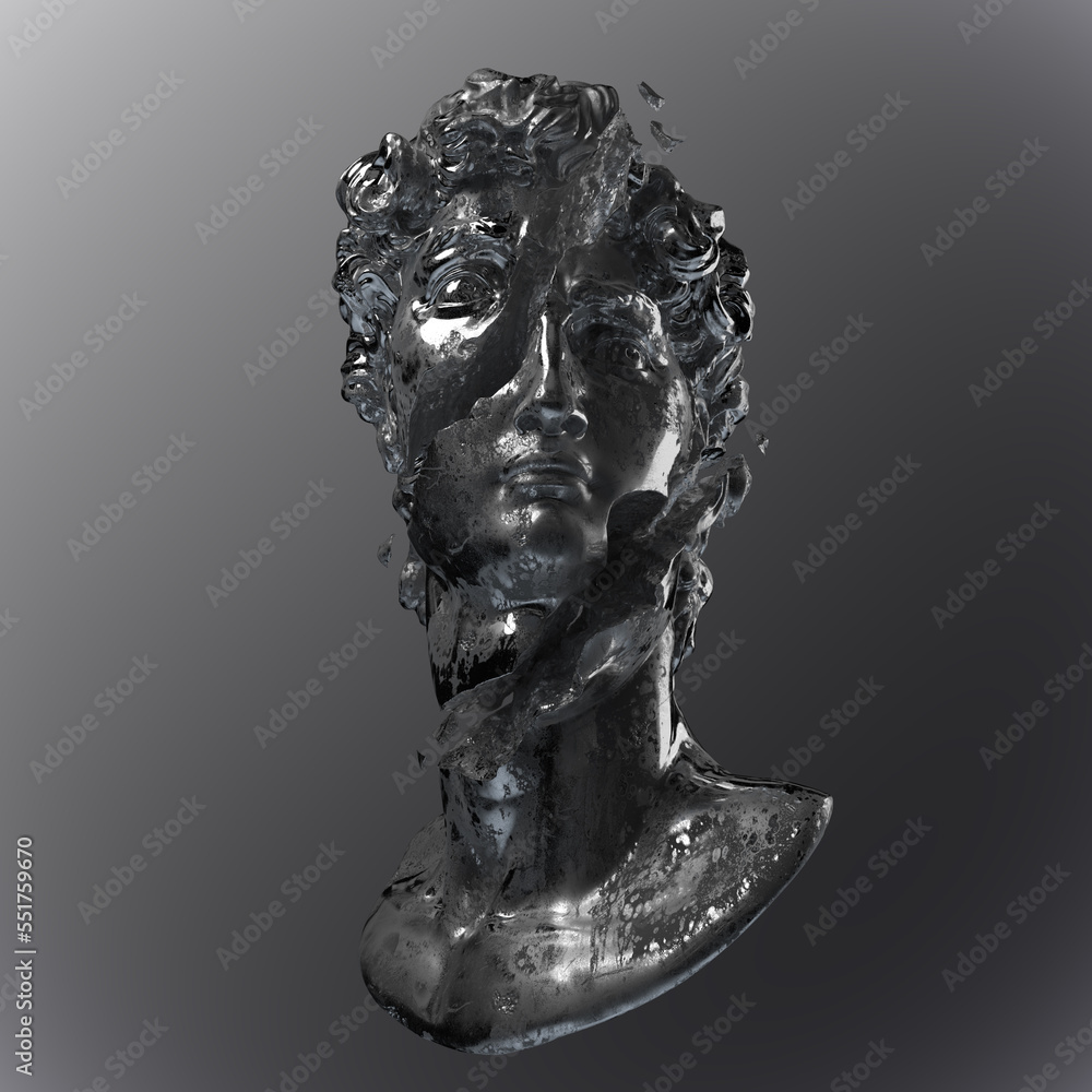 Poster abstract illustration from 3d rendering of a distressed shiny chrome metal bust of male classical sc