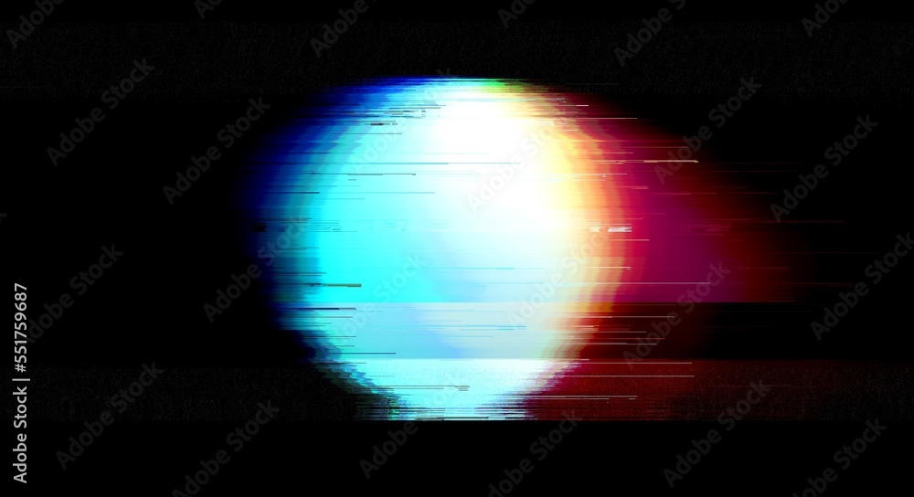 Poster multicolored glitched round geometric shape with noise, scanlines and screensclices on black backgro