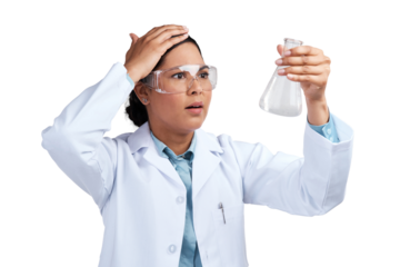 PNG of a cropped shot of an attractive young female scientist looking shocked while examining a beaker filled with liquid in studio against a grey background