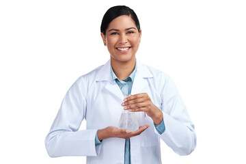 PNG of a cropped portrait of an attractive young female scientist holding a beaker filled with liquid in studio against a grey background