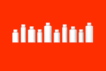 White cosmetic bottles isolated on orange background. Packaging of cosmetics. Ten containers for cosmetics. Horizontal image. 3d image. 3D visualization.