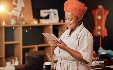Fashion, designer and leadership with black woman and tablet for creative, luxury and manufacturing...