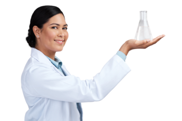 PNG of a cropped portrait of an attractive young female scientist holding a beaker filled with liquid in studio against a grey background