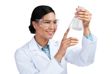 PNG of a cropped shot of an attractive young female scientist examining a beaker filled with liquid...