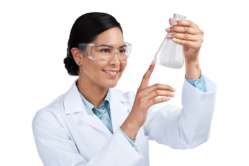 PNG of a cropped shot of an attractive young female scientist examining a beaker filled with liquid in studio against a grey background