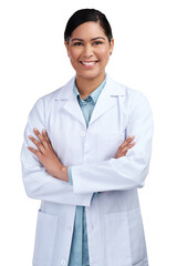PNG of a cropped portrait of an attractive young female scientist standing with her arms folded in...