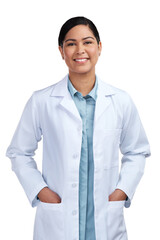 PNG of a cropped portrait of an attractive young female scientist standing with her hands in her...
