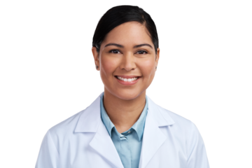 PNG of a cropped portrait of an attractive young female scientist posing in studio against a grey background
