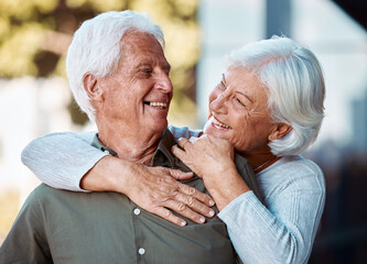 Love, senior couple and hug for happiness, retirement and bonding together outdoor. Romantic, old...