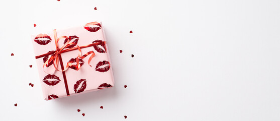 St Valentine's Day concept. Top panoramic view photo of present box in wrapping paper with kiss lips pattern and confetti on isolated white background with empty space