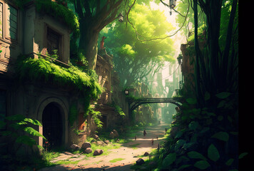 a narrow route in a lush area with buildings and lots of trees around it. Generative AI