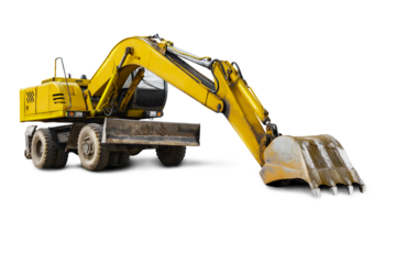 Wheel excavator isolated on white background. Powerful excavator with an extended bucket close-up. Element for design.