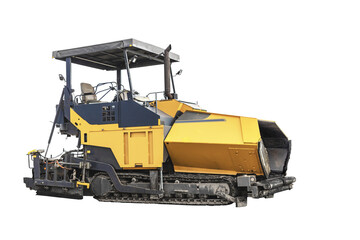 Powerful modern machine for the construction of asphalt roads on a white isolated background. Road construction machinery close-up. Element for design.