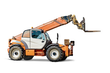 Powerful wheel forklift with telescopic mast on a white isolated background. Construction equipment for lifting and moving loads. Forklift. Loader. - obrazy, fototapety, plakaty