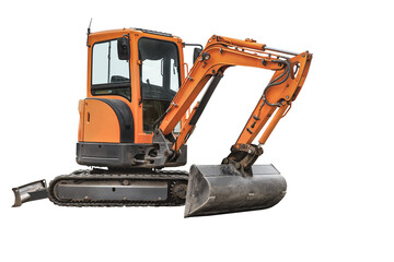 Mini excavator on a white isolated background. Compact construction equipment for earthworks. Close-up of a mini excavator with a bucket for leveling the ground. © Anoo