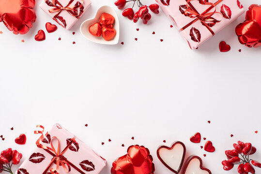 Valentine's Day concept. Top view photo of present boxes in wrapping paper with kiss lips pattern heart shaped balloons candles plates with candies confetti on isolated white background with copyspace