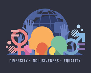 Inclusiveness Diversity Equality concept with abstract modern Various people is heads gender symbol and equal sign Equally raised hand symbol on globe background vector design