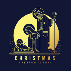 Merry Christmas the savior is born modern gold line The Nativity with mary and joseph in a manger with baby Jesus in circle on dark blue background vector illustration design © ananaline