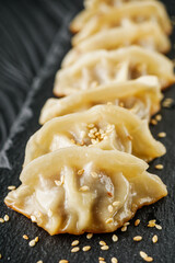 delicious fried gyoza dumplings on a black plate