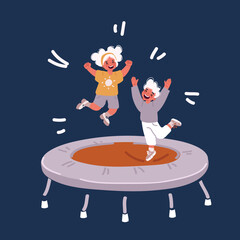 Cartoon vector illustration of Happy boy and girl jumping on the trampoline.