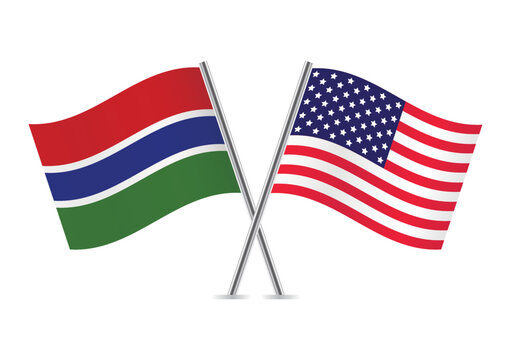 Gambia and America crossed flags. Gambian and American flags on white background. Vector icon set. Vector illustration.