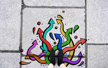 Selfie feet top view. Choice business shoes walking. Future way forward movement with colorful graffiti arrow.