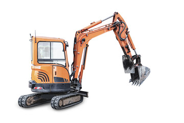 Mini excavator on a white isolated background. Compact construction equipment for earthworks....