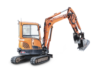 Mini excavator on a white isolated background. Compact construction equipment for earthworks. Close-up. Element for design.