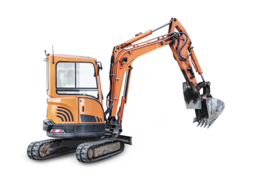 Mini excavator on a white isolated background. Compact construction equipment for earthworks. Close-up. Element for design.