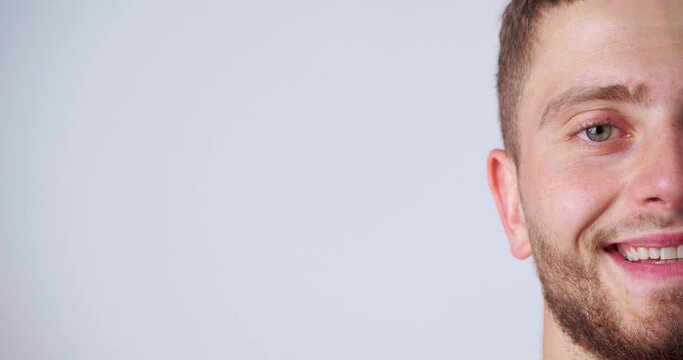 Women and men smiling on light grey background, closeup. Video with people replacing each other