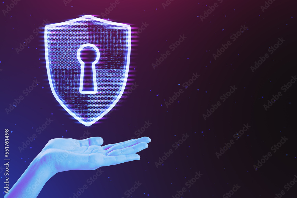 Poster close up of female hand holding glowing digital padlock shield hologram on dark purple background wi