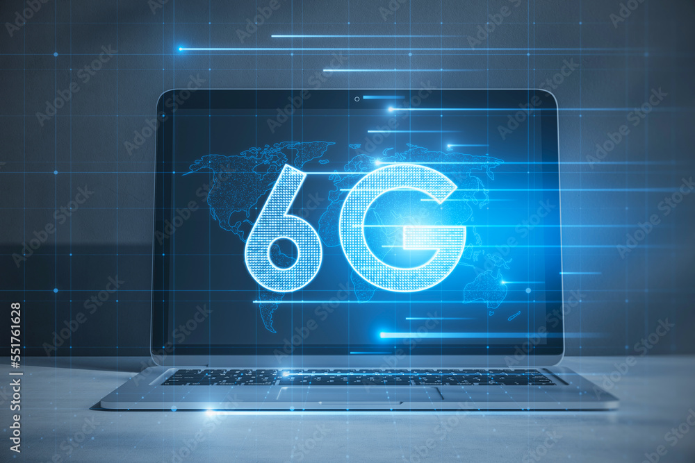 Poster Close up of laptop computer with glowing 6G hologram on blurry background. Wireless internet and web speed concept. 3D Rendering.