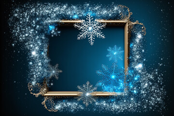 Magic holiday blue glitter background with blinking stars and falling snowflakes as frame