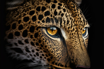 Close up on a leopard eyes on black